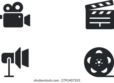 Icons representing filmmaking elements, including a camera, clapperboard, microphone, and film reel