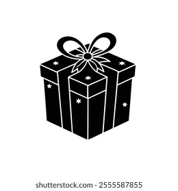 Icons representing gift boxes and surprises. Set of symbols for presents, parcels, packages, discounts, deliveries, and birthdays. Black vector graphics are isolated on white. Basic pictograms for gra