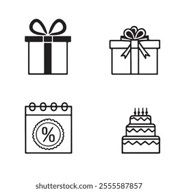 Icons representing gift boxes and surprises. Set of symbols for presents, parcels, packages, discounts, deliveries, and birthdays. Black vector graphics are isolated on white. Basic pictograms for gra