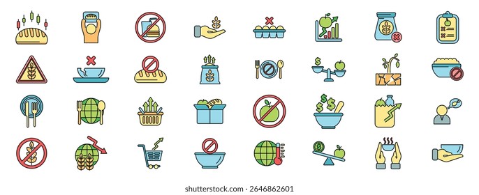 Ícones representando a crise mundial de alimentos, destacando questões como escassez de alimentos, aumento dos preços e fome generalizada