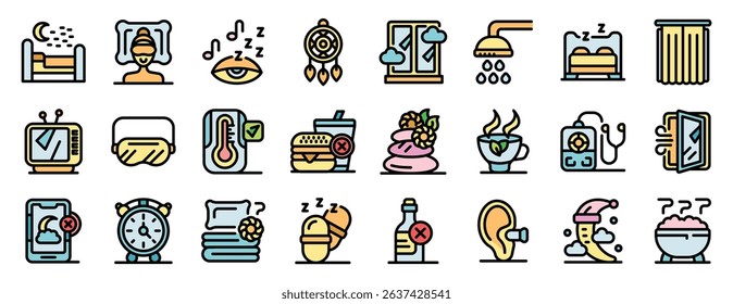 Icons representing good sleep hygiene practices promoting deep relaxation, better sleep, and peaceful dreams