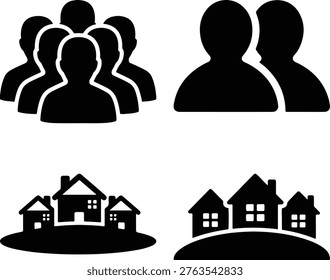 Icons representing groups of people and residential housing with flat design silhouette residential building neighborhood community property collection pictogram illustration miscellaneous