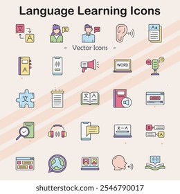 Icons representing language learning and education.
