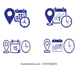 Symbole für Ort, Kalender und Uhr für Planung und Planung