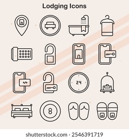 Iconos que representan alojamiento, hoteles y servicios de alojamiento.