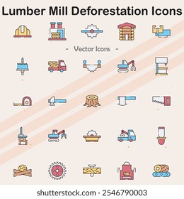 Icons representing lumber mills and deforestation issues.