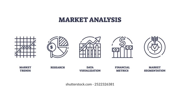 Ícones que representam tendências de mercado, pesquisa e visualização de dados, parte de um conjunto de ícones de resumo.