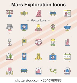 Icons für Mars-Erkundungsmissionen und -Forschung.