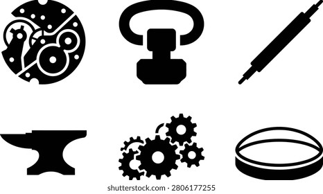 Icons representing mechanical parts and tools for engineering and craft