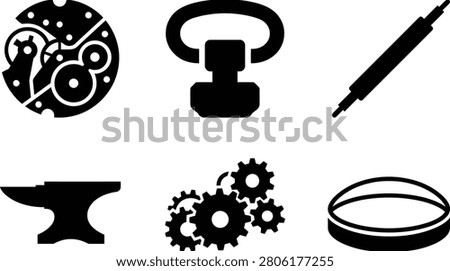 Icons representing mechanical parts and tools for engineering and craft