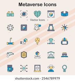 Icons representing metaverse concepts and virtual realities.