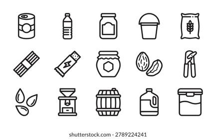 Icons representing non-perishable food items, drinks, and storage containers for stockpiling.