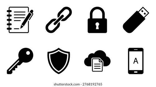 Icons representing notes, links, security, data storage, access, protection, cloud documents, and mobile devices.