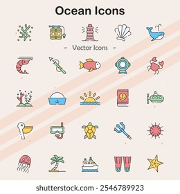 Icons representing ocean themes and marine life.