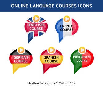 Iconos que representan cursos de idiomas en línea con burbujas de discurso, banderas y Botones de juego. Video Ideal para la formación de conversación y el aprendizaje de idiomas extranjeros. Conjunto de iconos aislados en blanco.