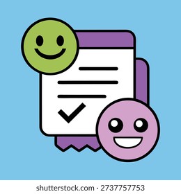 Icons representing positive customer feedback, survey results, and satisfaction with a checkmark and smiling faces.