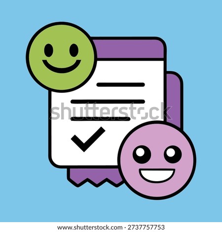 Icons representing positive customer feedback, survey results, and satisfaction with a checkmark and smiling faces.