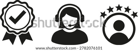 Icons representing a quality assurance badge, a customer support agent with a headset, and a user rating with five stars.