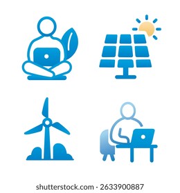 Icons representing remote work, solar and wind energy.