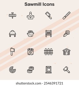 Icons representing sawmills, wood cutting, and lumber production.