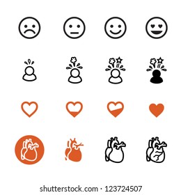 Icons representing a scale of emotions, from sad to elated and healthy heart to broken heart. Would be great to use in a Valentine's Day design or application where several states are needed.