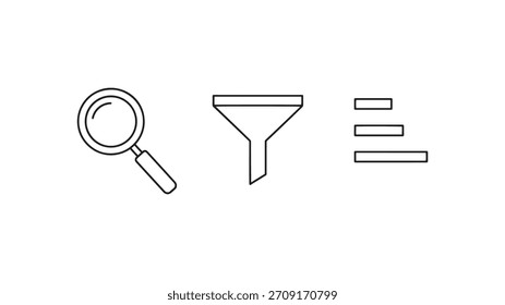 Iconos que representan el filtrado de Búsquedas y los Elementos de lista para aplicaciones de software e interfaces de usuario para mejorar la experiencia digital