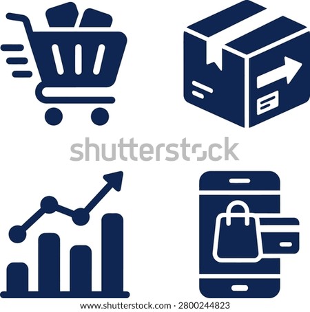 Icons representing shopping cart, package delivery, growth chart, and mobile payment in a digital context