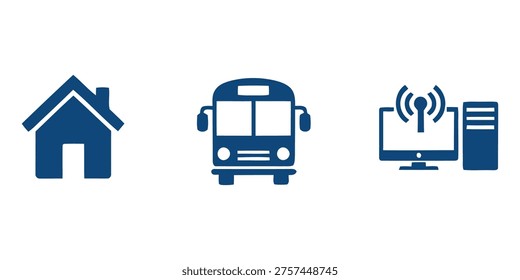 Icons representing smart home, public bus transportation, and computer network connectivity