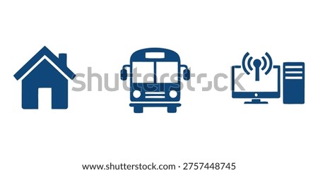 Icons representing smart home, public bus transportation, and computer network connectivity