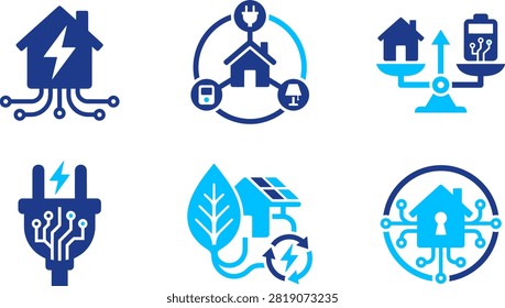 Icons representing smart home technology and energy. Features houses, plugs, lights, solar panels, and batteries. Shows connectivity and eco-friendly energy solutions.