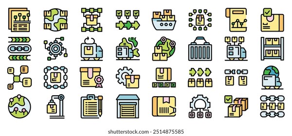 Icons representing supply chain management, encompassing logistics, delivery, and distribution processes