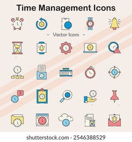 Iconos que representan las herramientas y prácticas de gestión del tiempo.