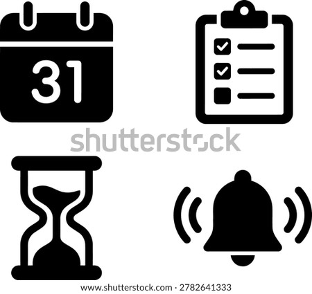 Icons representing time management tools including a calendar, checklist, hourglass, and alarm bell