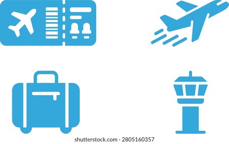 Icons representing travel essentials including an airplane, boarding pass, luggage, and control tower