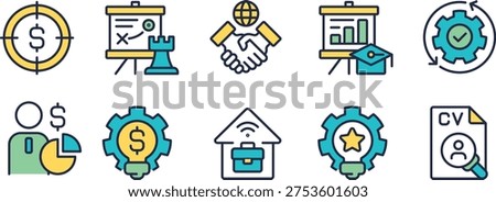 Icons representing various aspects of business and finance