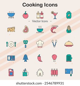 Iconos que representan varias herramientas de cocina, utensilios e ingredientes de alimentos.