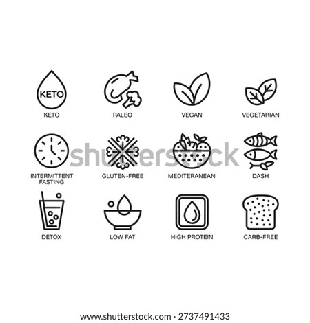 Icons representing various diets and healthy eating lifestyles including keto paleo vegan and intermittent fasting