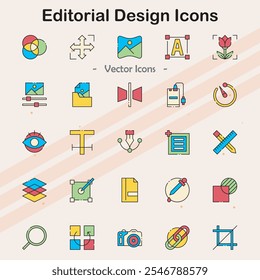 Ícones que representam vários elementos de design editorial e layouts.