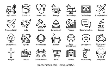 Icons representing various industries and sectors including agriculture, education, healthcare, energy, technology, transportation, arts, justice, government, finance, communication, science, environment, sports, community, family, law enforcement, emergency services, religion, media, infrastructure, retail, leisure, public safety, and nonprofit.