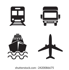 Icons representing various means Transportation, black symbols. Vector ilustration.