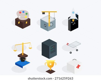 Iconos que representan varias profesiones y herramientas dispuestas en un diseño de cuadrícula sobre un fondo plano