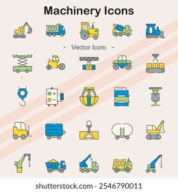 Ícones que representam vários tipos de máquinas e equipamentos.