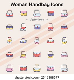 Icons representing various types of women's handbags and accessories.