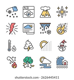 Icons representing various weather conditions, natural phenomena, and climate related imagery