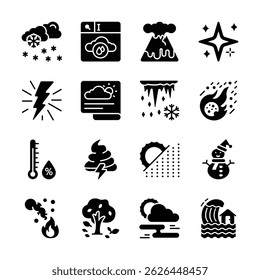 Icons representing various weather conditions, natural phenomena, and climate related imagery