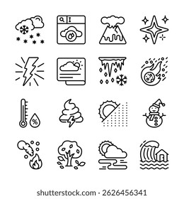 Icons representing various weather conditions, natural phenomena, and climate related imagery