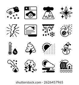 Icons representing various weather conditions, natural phenomena, and climate related imagery
