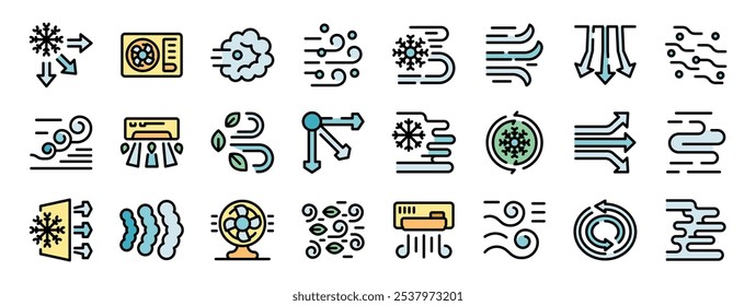 Symbole für Lüftung, Klimatisierung und Luftstrom, die verschiedene Kühl- und Heizmethoden für die Klimatisierung zeigen