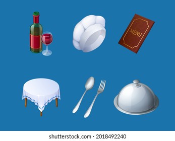 Icons of restaurant menu, chef hat, tray and wine