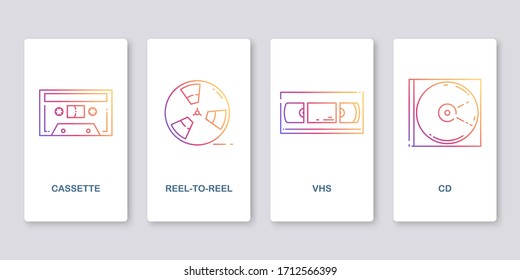 Icons of retro audio and video media. Cassette, reel, VHS, CD. Linear flat style illustration with gradient.